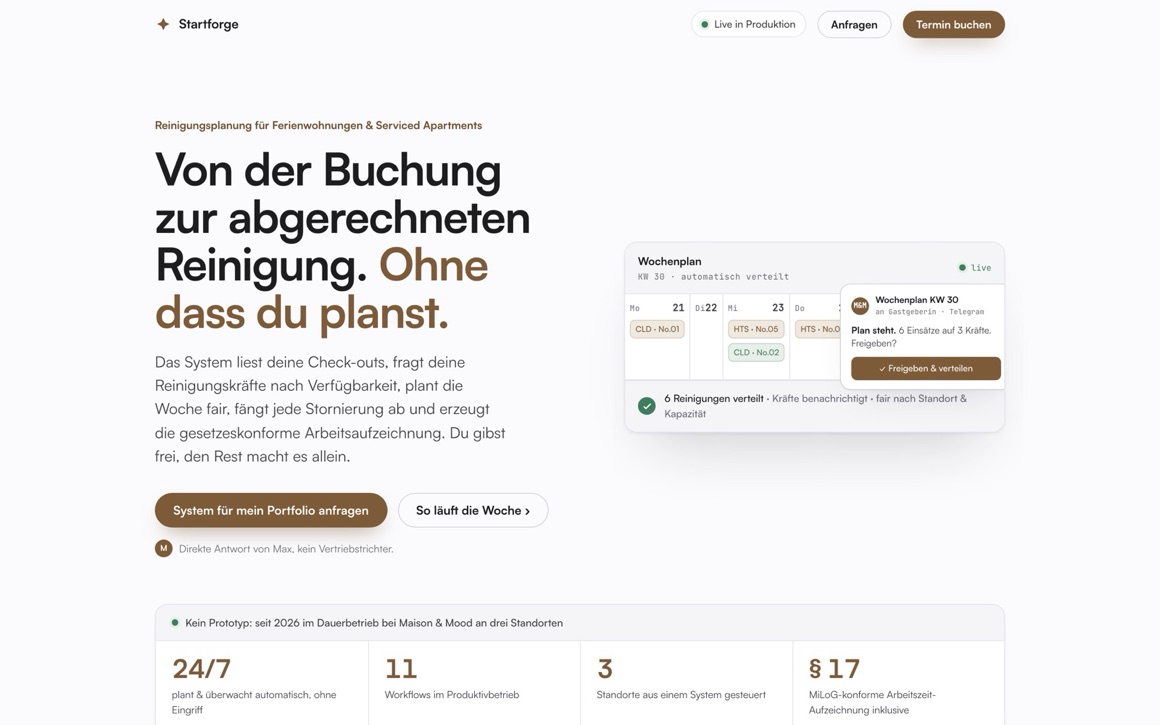 Produktseite der Startforge-Reinigungsplanung mit Wochenplan-Ansicht